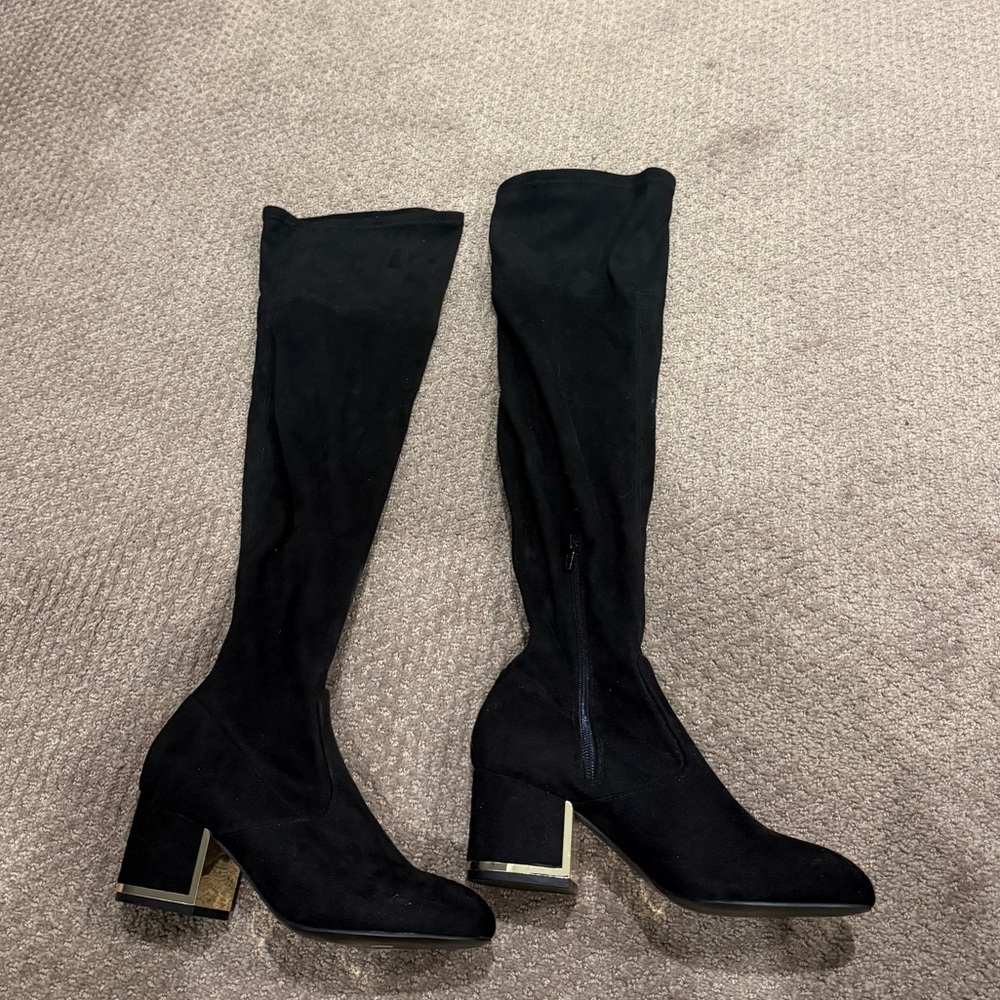 Over-the-Knee Black Velvet Block Heel Boots